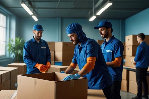 Trained movers packing fragile items for a safe relocation